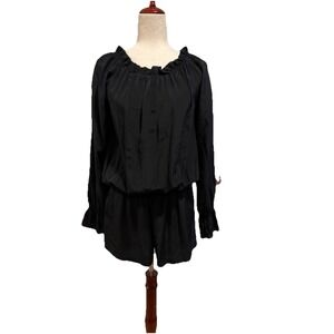 Emerson Thorpe 100% Silk Black Tassel Long Sleeve Off The Shoulder Romper Sz XS